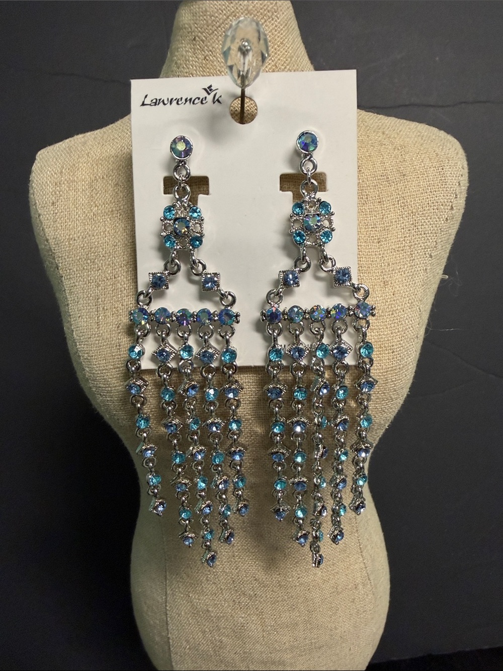 BNWT BLUE RHINESTONE BOREALIS CRYSTAL DANGLING SWEEP POST BACK EARRINGS